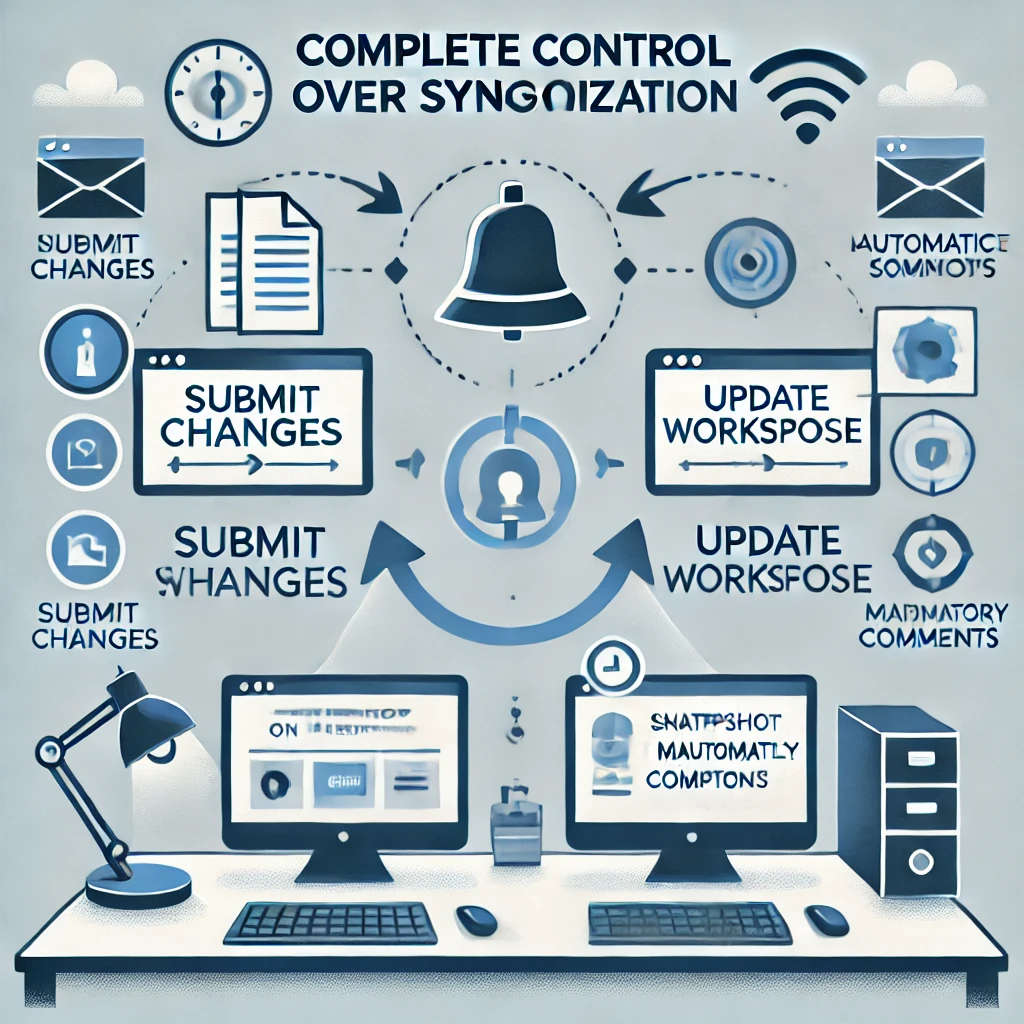 alt=DocImpress gives users full sync control between devices and workspaces, with options to submit changes or update workspaces. It notifies users of updates, allowing them to choose when to sync, avoiding automatic decisions and data loss. Submissions, which require comments, can include multiple files for a complete workspace snapshot.